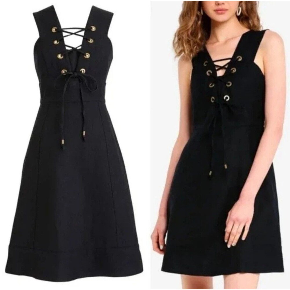J.Crew Lace-up v-neck  a-line dress in structured linen Black size 00P